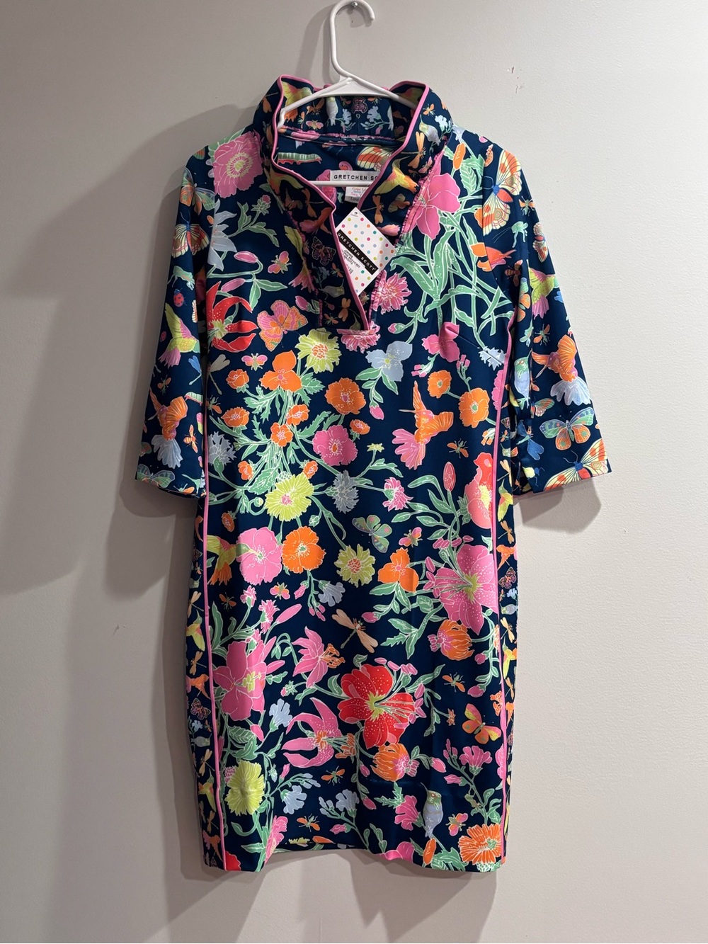 Gretchen Scott Designs Navy Floral Shift Dress with Pink, Orange & Green